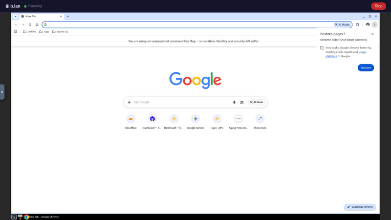 Tampilan b.lan saat session berjalan dengan toolbar dan iframe noVNC