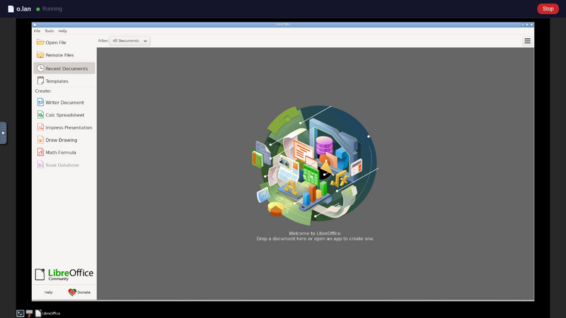 Libre Office Start Center via noVNC